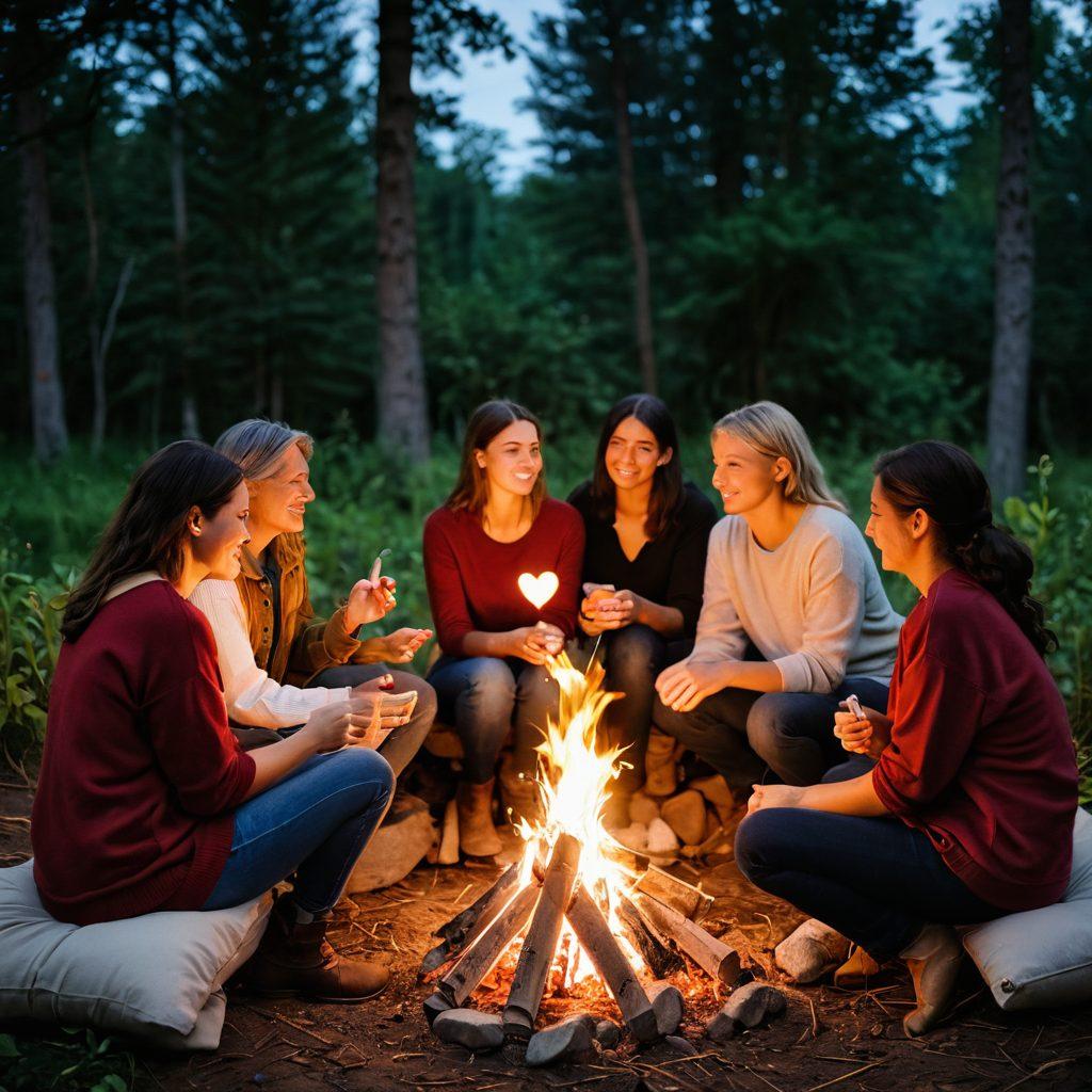 A diverse group of people from the Tigohn community gathered together, sharing intimate stories of love and passion around a cozy, heart-themed bonfire. Soft, warm lighting illuminates their expressive faces, capturing joy and connection. Lush greenery and vibrant flowers frame the scene, highlighting a sense of unity and warmth. Each person holds a symbolic heart-shaped item representing their story. magical realism. soft focus. warm colors. intimate atmosphere.