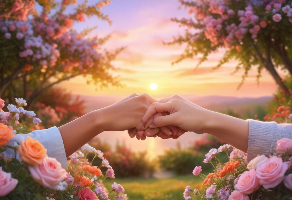 A heartwarming scene depicting two couples sharing moments of joy and affection, surrounded by blooming flowers and soft pastel colors. Include elements like intertwined hands, warm smiles, and playful gestures to convey love and tenderness. The background should have a dreamy sunset to enhance the romantic atmosphere. super-realistic. vibrant colors. soft focus.